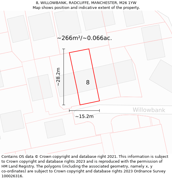 8, WILLOWBANK, RADCLIFFE, MANCHESTER, M26 1YW: Plot and title map