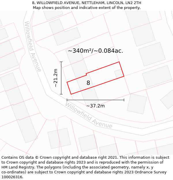 8, WILLOWFIELD AVENUE, NETTLEHAM, LINCOLN, LN2 2TH: Plot and title map