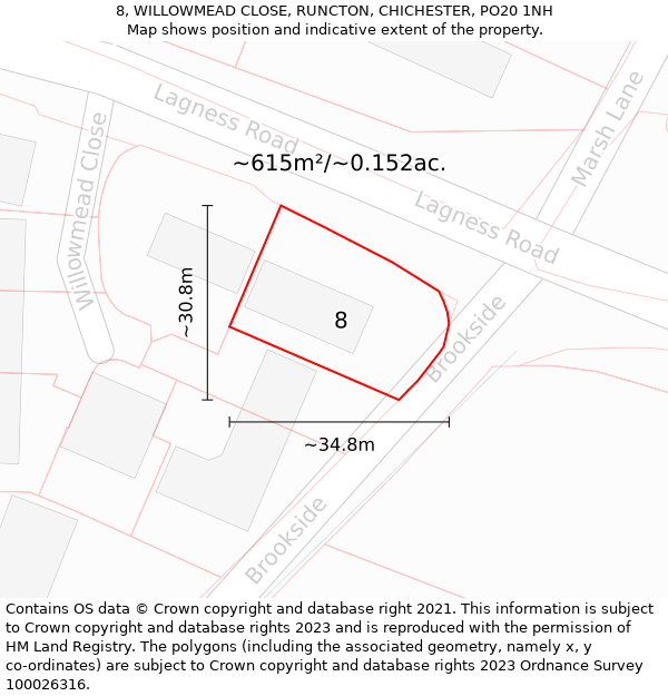 8, WILLOWMEAD CLOSE, RUNCTON, CHICHESTER, PO20 1NH: Plot and title map