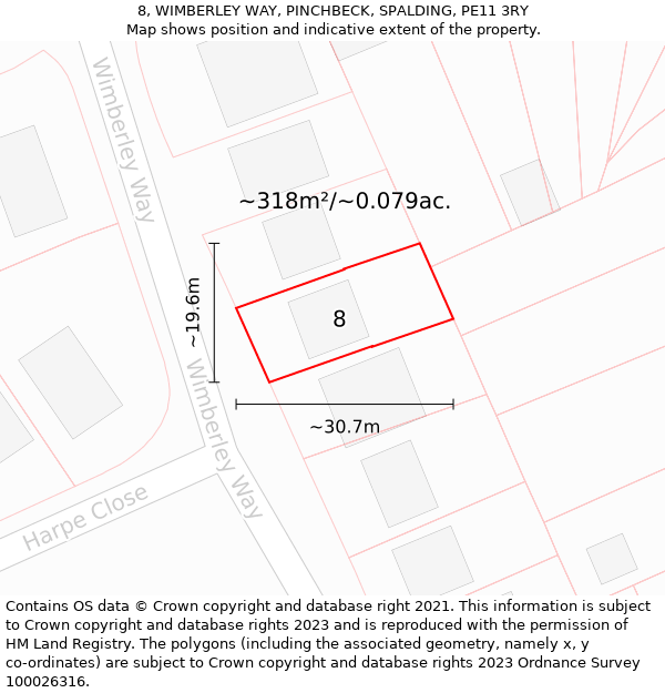 8, WIMBERLEY WAY, PINCHBECK, SPALDING, PE11 3RY: Plot and title map