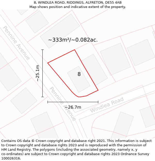 8, WINDLEA ROAD, RIDDINGS, ALFRETON, DE55 4AB: Plot and title map