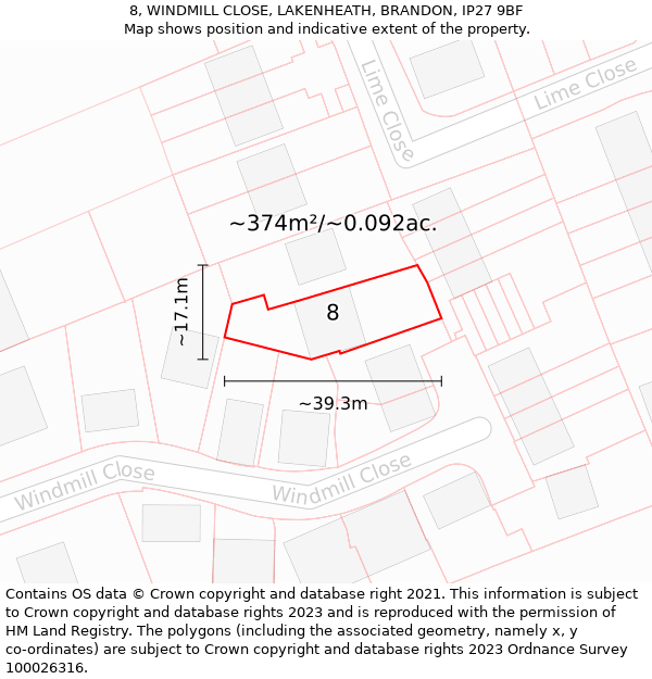 8, WINDMILL CLOSE, LAKENHEATH, BRANDON, IP27 9BF: Plot and title map