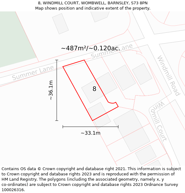 8, WINDMILL COURT, WOMBWELL, BARNSLEY, S73 8PN: Plot and title map