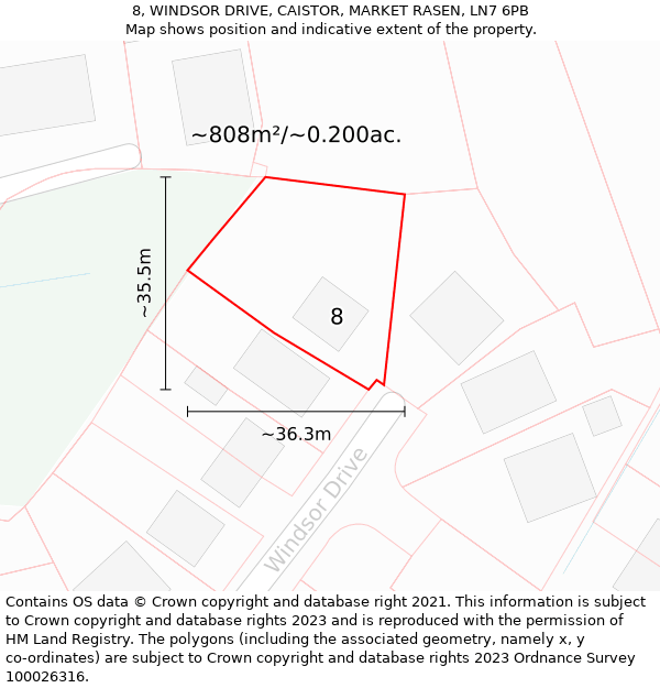 8, WINDSOR DRIVE, CAISTOR, MARKET RASEN, LN7 6PB: Plot and title map