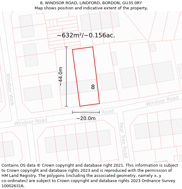 8, WINDSOR ROAD, LINDFORD, BORDON, GU35 0RY: Plot and title map