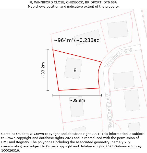 8, WINNIFORD CLOSE, CHIDEOCK, BRIDPORT, DT6 6SA: Plot and title map