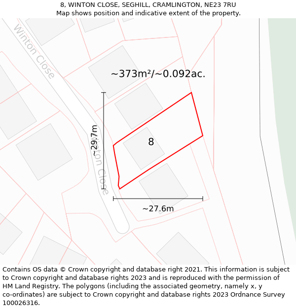 8, WINTON CLOSE, SEGHILL, CRAMLINGTON, NE23 7RU: Plot and title map