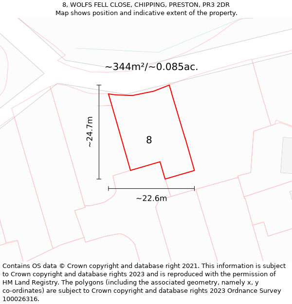 8, WOLFS FELL CLOSE, CHIPPING, PRESTON, PR3 2DR: Plot and title map