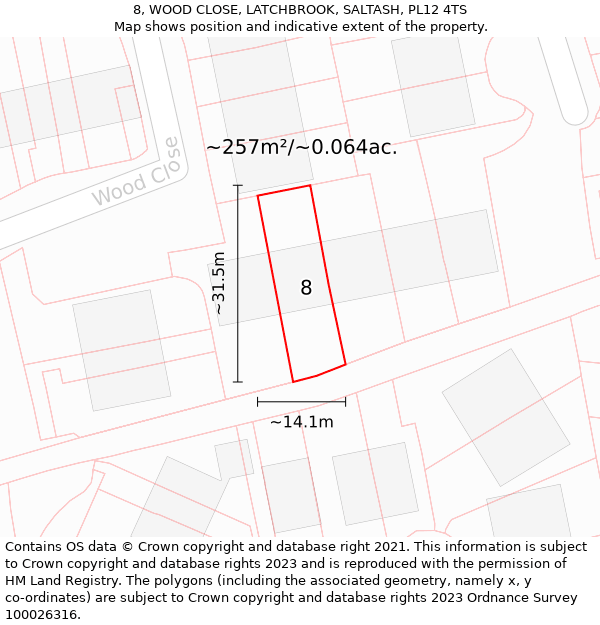 8, WOOD CLOSE, LATCHBROOK, SALTASH, PL12 4TS: Plot and title map