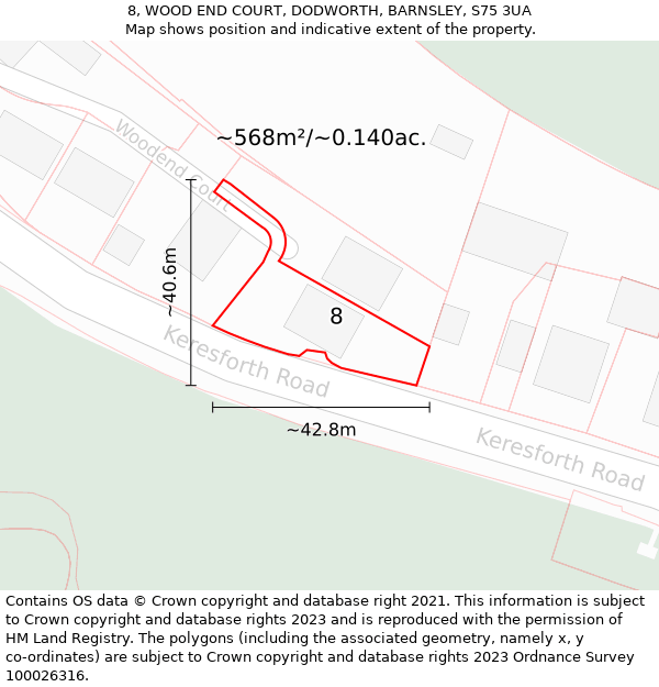 8, WOOD END COURT, DODWORTH, BARNSLEY, S75 3UA: Plot and title map
