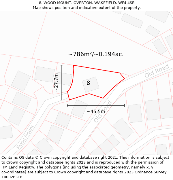 8, WOOD MOUNT, OVERTON, WAKEFIELD, WF4 4SB: Plot and title map