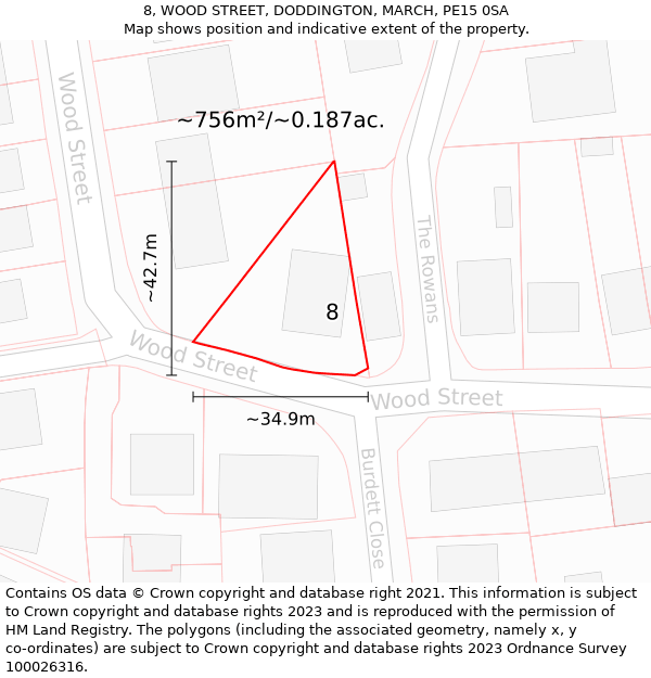 8, WOOD STREET, DODDINGTON, MARCH, PE15 0SA: Plot and title map