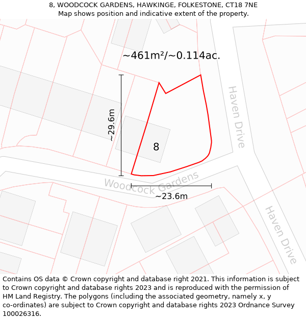 8, WOODCOCK GARDENS, HAWKINGE, FOLKESTONE, CT18 7NE: Plot and title map