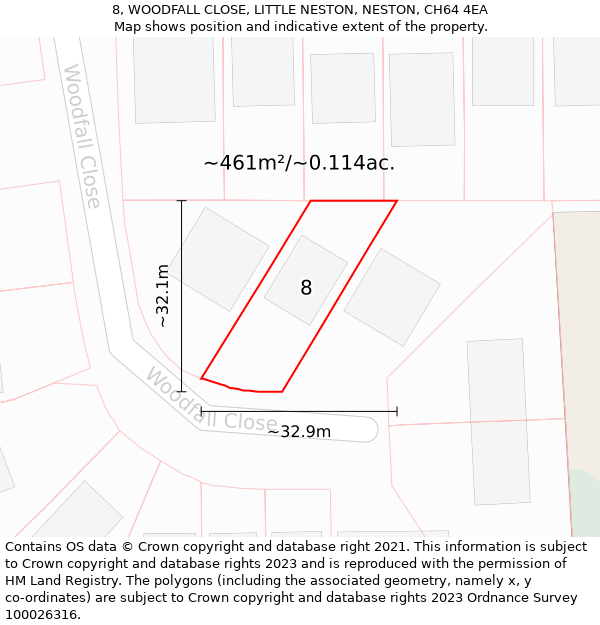 8, WOODFALL CLOSE, LITTLE NESTON, NESTON, CH64 4EA: Plot and title map