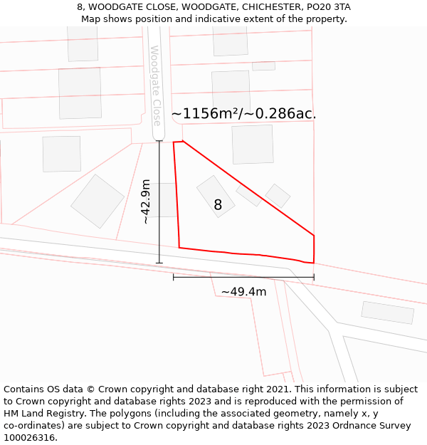 8, WOODGATE CLOSE, WOODGATE, CHICHESTER, PO20 3TA: Plot and title map