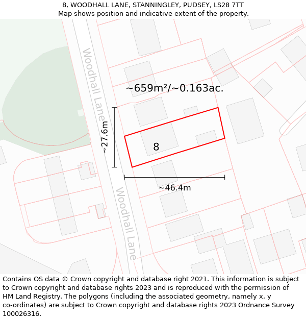 8, WOODHALL LANE, STANNINGLEY, PUDSEY, LS28 7TT: Plot and title map