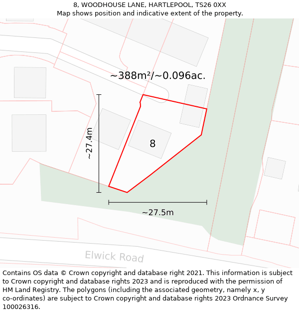 8, WOODHOUSE LANE, HARTLEPOOL, TS26 0XX: Plot and title map