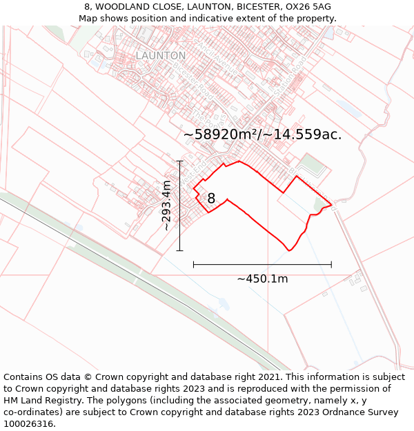 8, WOODLAND CLOSE, LAUNTON, BICESTER, OX26 5AG: Plot and title map