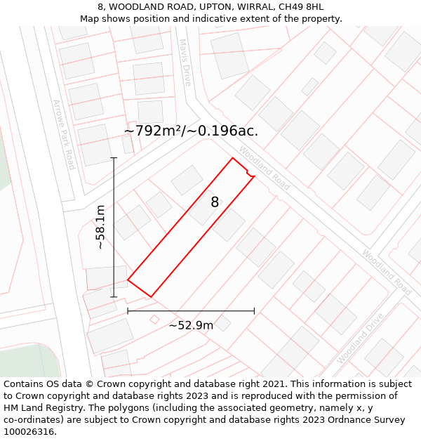 8, WOODLAND ROAD, UPTON, WIRRAL, CH49 8HL: Plot and title map