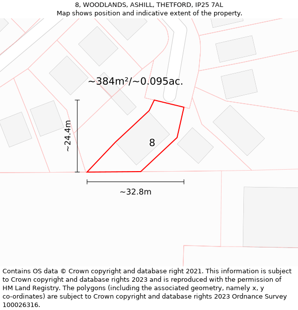 8, WOODLANDS, ASHILL, THETFORD, IP25 7AL: Plot and title map