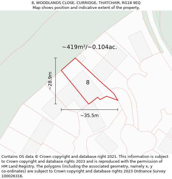 8, WOODLANDS CLOSE, CURRIDGE, THATCHAM, RG18 9EQ: Plot and title map
