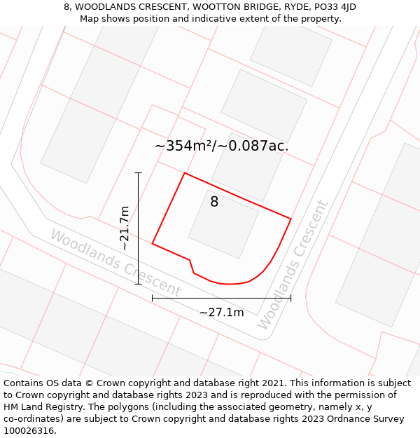 8, WOODLANDS CRESCENT, WOOTTON BRIDGE, RYDE, PO33 4JD: Plot and title map