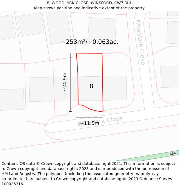 8, WOODLARK CLOSE, WINSFORD, CW7 3HL: Plot and title map