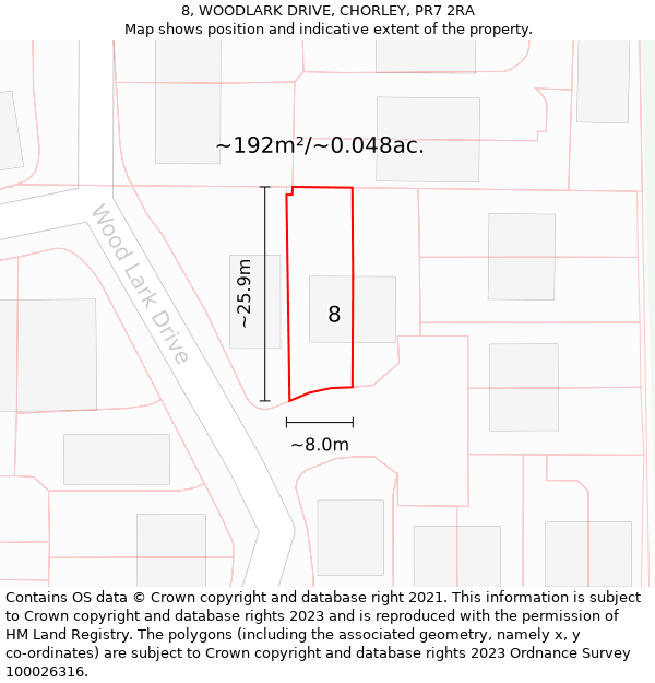 8, WOODLARK DRIVE, CHORLEY, PR7 2RA: Plot and title map