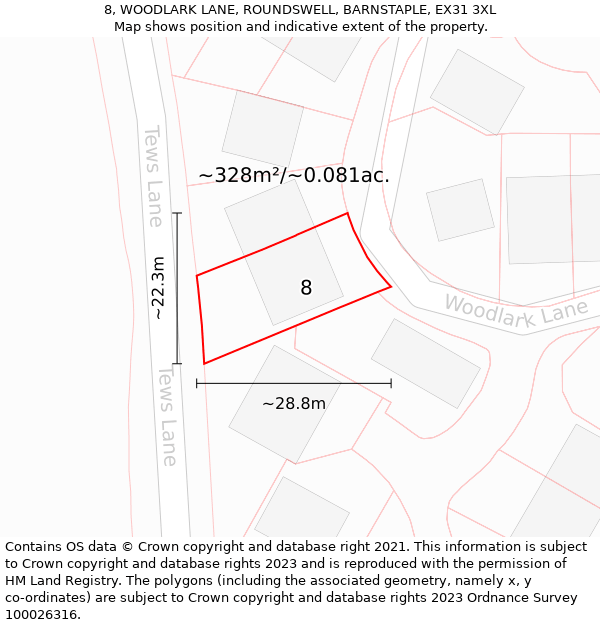 8, WOODLARK LANE, ROUNDSWELL, BARNSTAPLE, EX31 3XL: Plot and title map