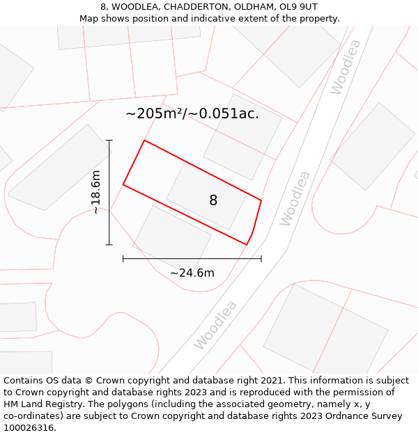 8, WOODLEA, CHADDERTON, OLDHAM, OL9 9UT: Plot and title map