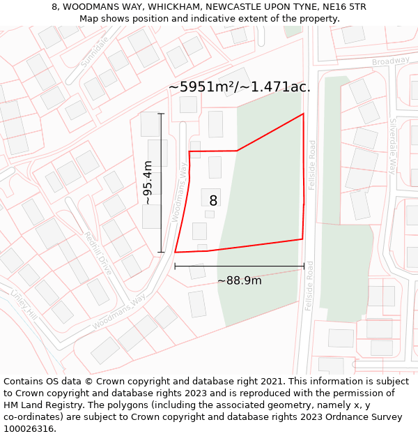 8, WOODMANS WAY, WHICKHAM, NEWCASTLE UPON TYNE, NE16 5TR: Plot and title map