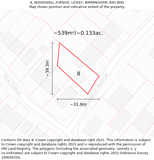 8, WOODSHILL AVENUE, LICKEY, BIRMINGHAM, B45 8HD: Plot and title map