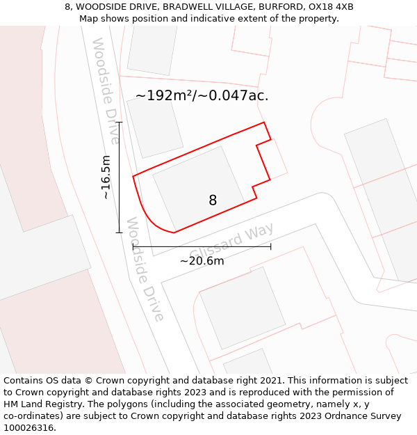 8, WOODSIDE DRIVE, BRADWELL VILLAGE, BURFORD, OX18 4XB: Plot and title map