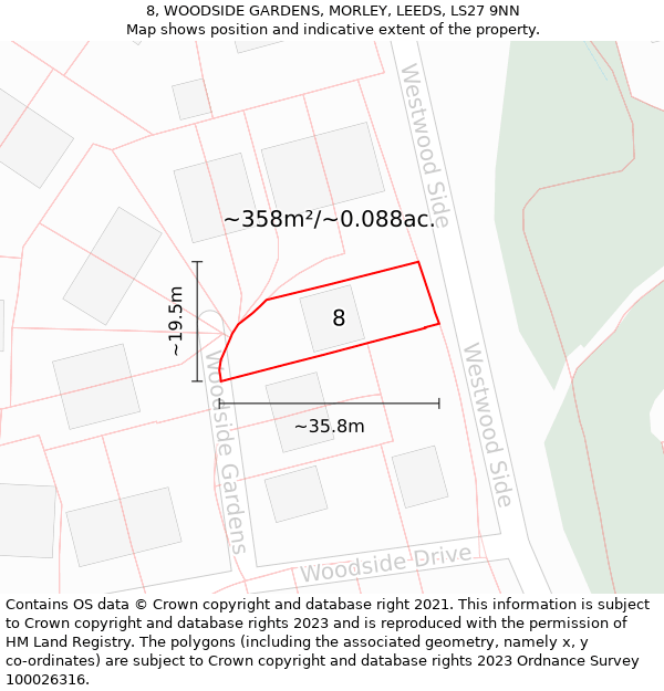 8, WOODSIDE GARDENS, MORLEY, LEEDS, LS27 9NN: Plot and title map