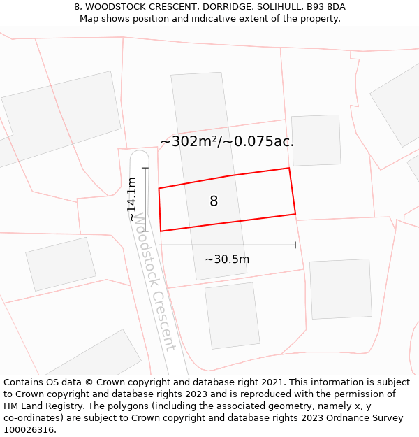 8, WOODSTOCK CRESCENT, DORRIDGE, SOLIHULL, B93 8DA: Plot and title map