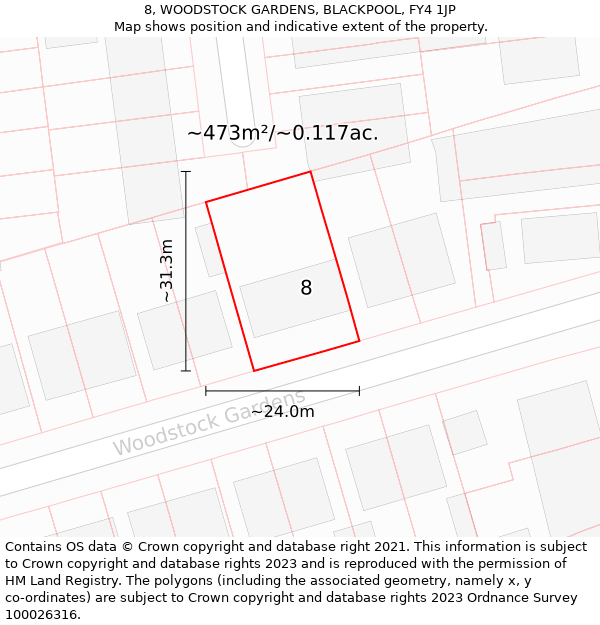 8, WOODSTOCK GARDENS, BLACKPOOL, FY4 1JP: Plot and title map
