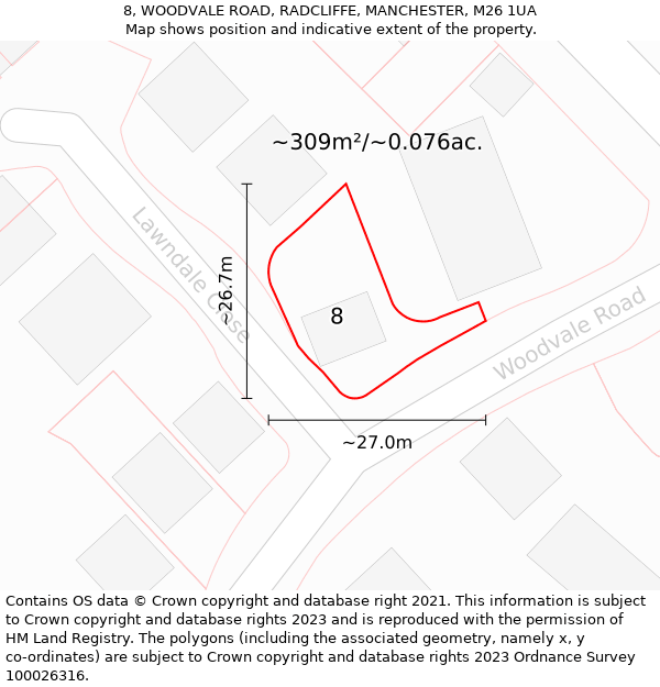 8, WOODVALE ROAD, RADCLIFFE, MANCHESTER, M26 1UA: Plot and title map