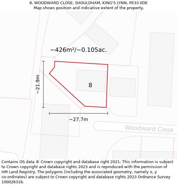 8, WOODWARD CLOSE, SHOULDHAM, KING'S LYNN, PE33 0DE: Plot and title map