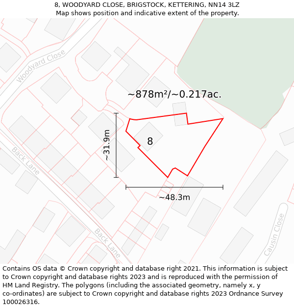 8, WOODYARD CLOSE, BRIGSTOCK, KETTERING, NN14 3LZ: Plot and title map