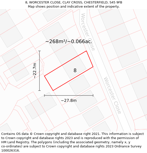 8, WORCESTER CLOSE, CLAY CROSS, CHESTERFIELD, S45 9FB: Plot and title map