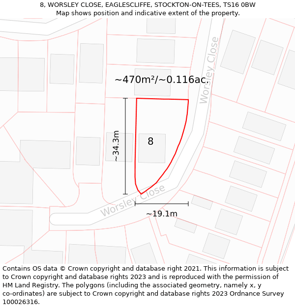 8, WORSLEY CLOSE, EAGLESCLIFFE, STOCKTON-ON-TEES, TS16 0BW: Plot and title map