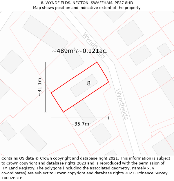 8, WYNDFIELDS, NECTON, SWAFFHAM, PE37 8HD: Plot and title map