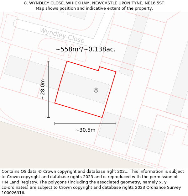 8, WYNDLEY CLOSE, WHICKHAM, NEWCASTLE UPON TYNE, NE16 5ST: Plot and title map