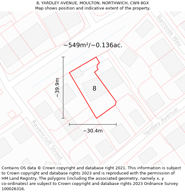 8, YARDLEY AVENUE, MOULTON, NORTHWICH, CW9 8GX: Plot and title map