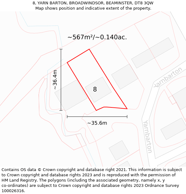 8, YARN BARTON, BROADWINDSOR, BEAMINSTER, DT8 3QW: Plot and title map