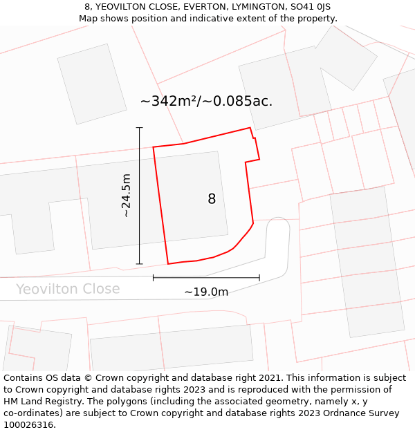 8, YEOVILTON CLOSE, EVERTON, LYMINGTON, SO41 0JS: Plot and title map