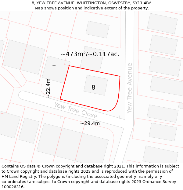 8, YEW TREE AVENUE, WHITTINGTON, OSWESTRY, SY11 4BA: Plot and title map