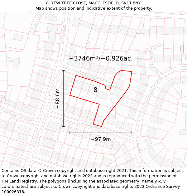 8, YEW TREE CLOSE, MACCLESFIELD, SK11 8NY: Plot and title map