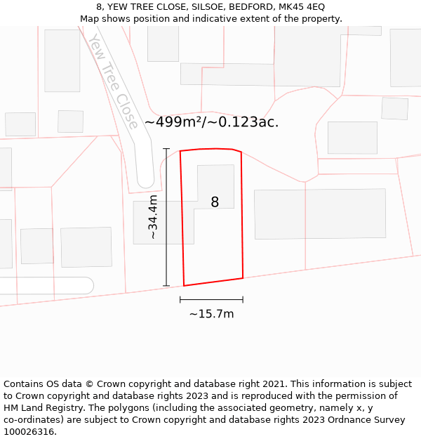 8, YEW TREE CLOSE, SILSOE, BEDFORD, MK45 4EQ: Plot and title map