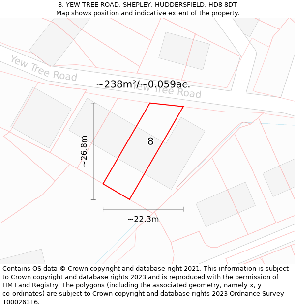 8, YEW TREE ROAD, SHEPLEY, HUDDERSFIELD, HD8 8DT: Plot and title map